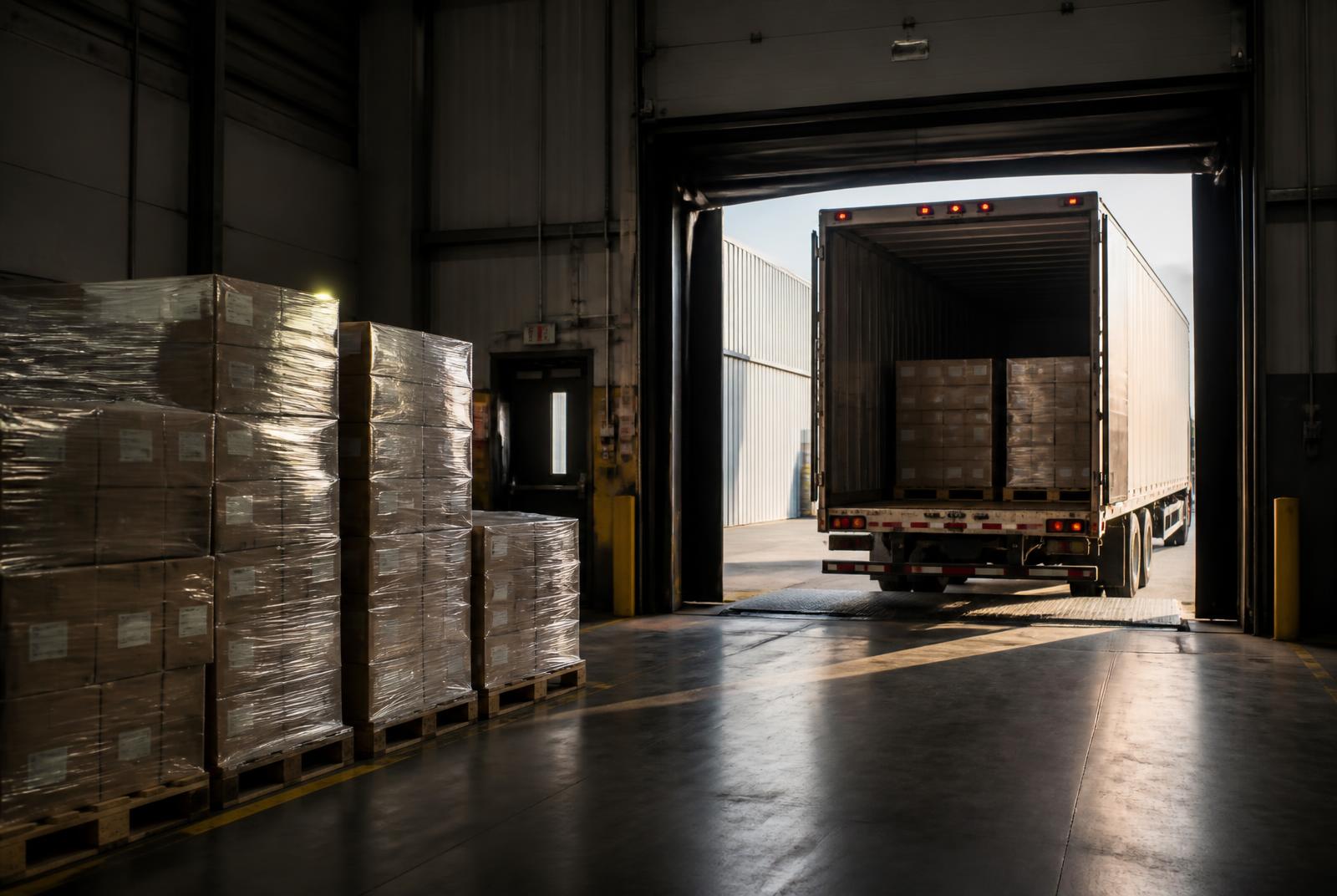Finished pallets staged at the dispatch bay for loading
