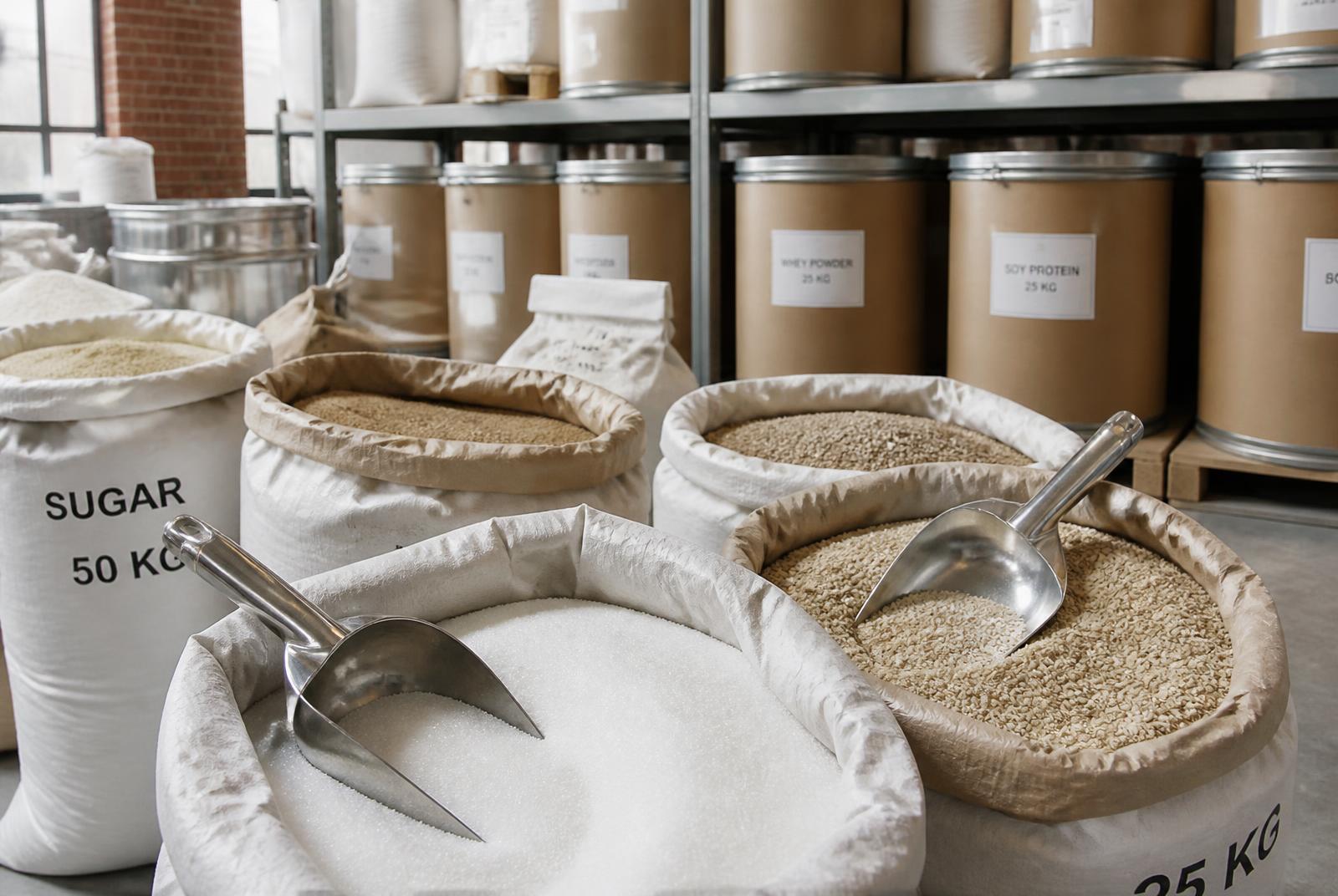Ingredient sacks and sealed drums in the raw material store