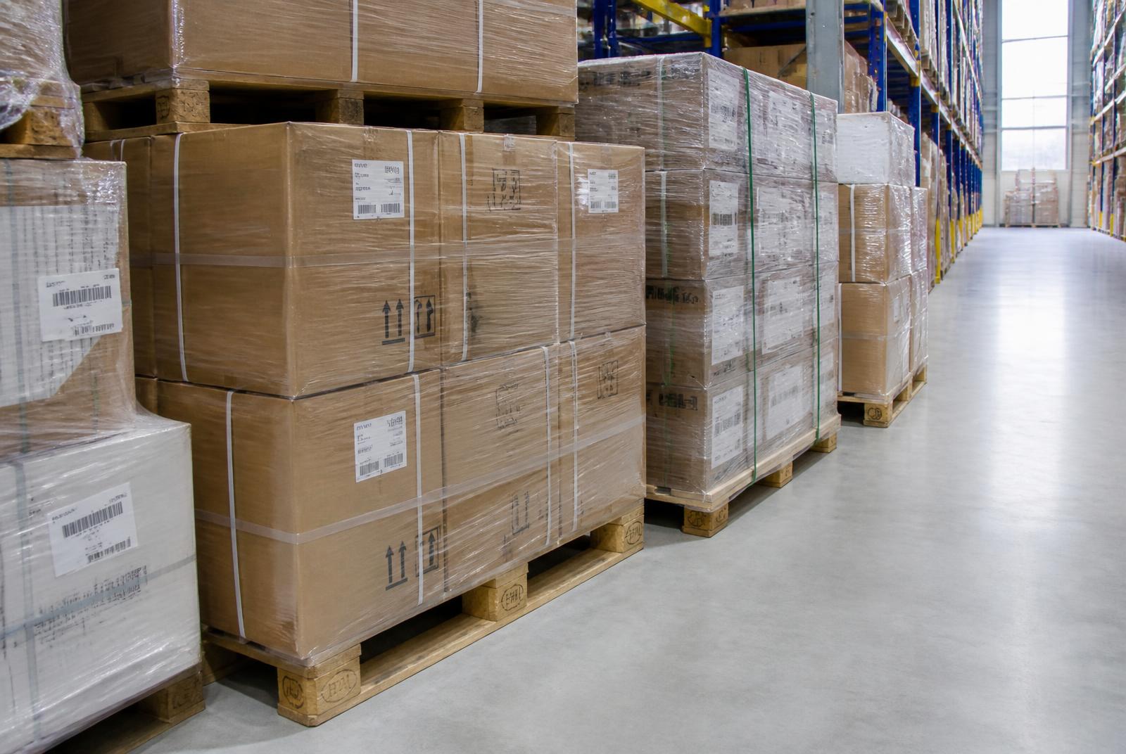 Palletised finished goods held in the warehouse
